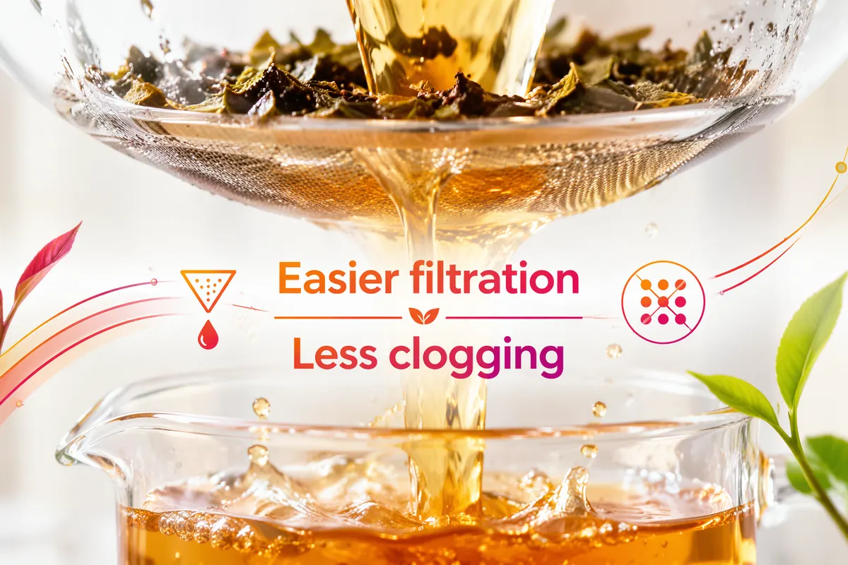 Amber botanical extract flowing through a filter into a glass jug, showing easier filtration with less clogging