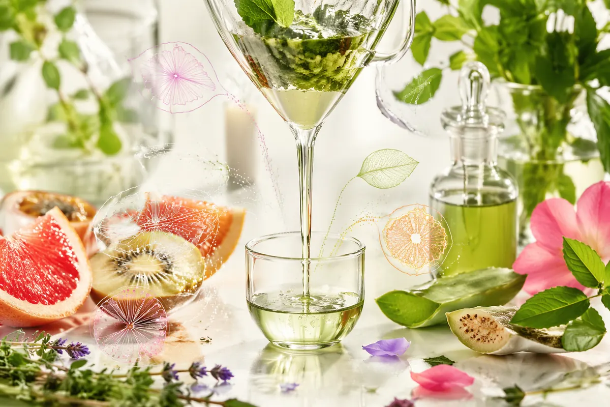 Clear botanical extract pouring from a glass carafe beside citrus, kiwi, herbs and flowers used in functional drinks