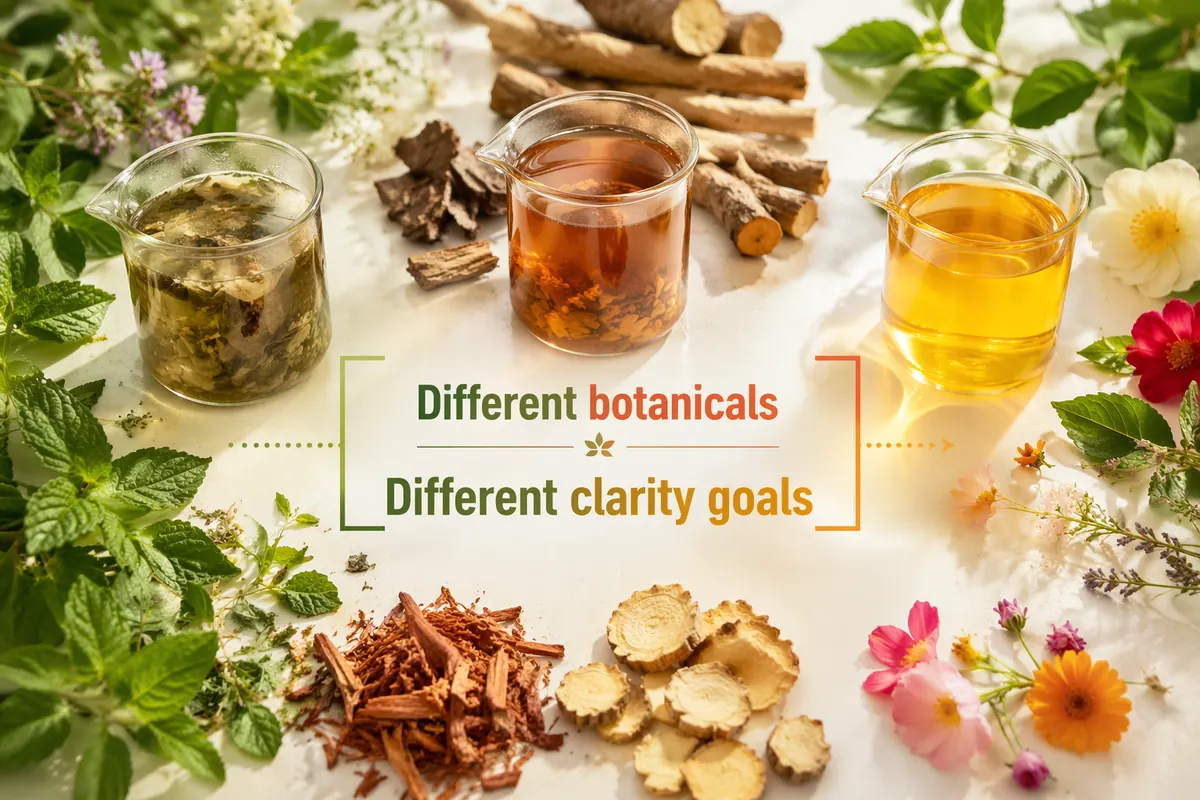 Herbal, root and flower raw materials with tea and extract samples, showing that different botanicals need different clarity targets