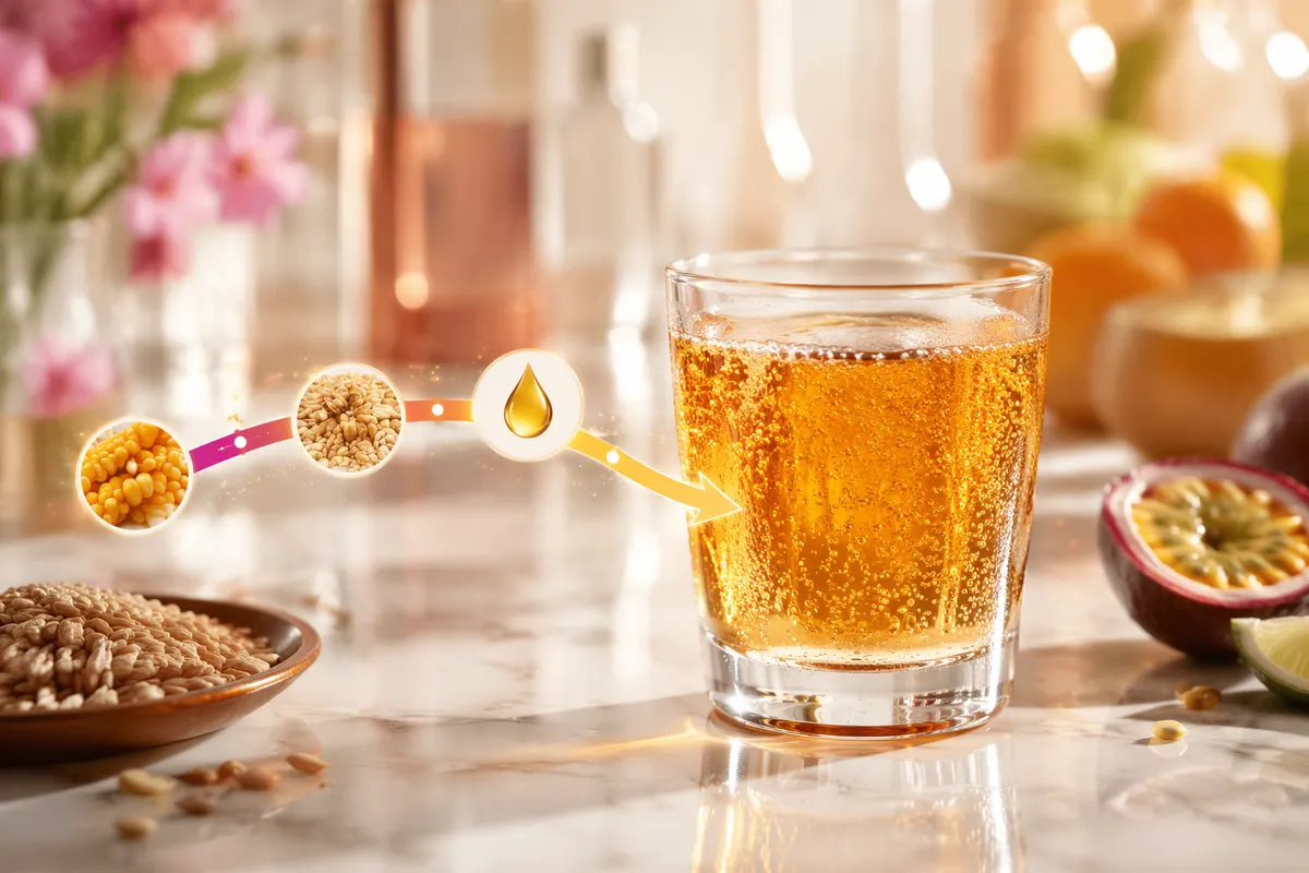 Glass of clear amber grain-based drink with a grain-to-liquid process graphic, representing enzyme starch conversion in beverage bases