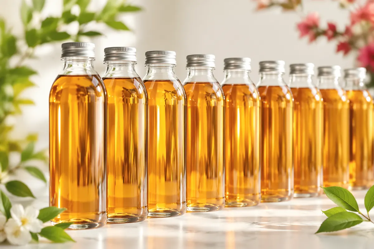 Row of identical amber RTD tea bottles showing even colour and clarity across a production batch